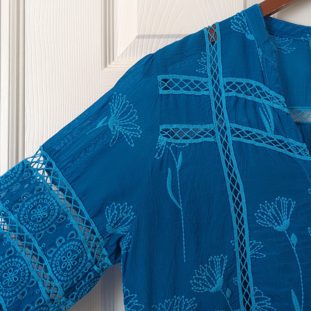 Johnny Was Daisy Peia Boho Floral Embroidered Cupra Rayon Tunic Blouse Blue S - Picture 3 of 12